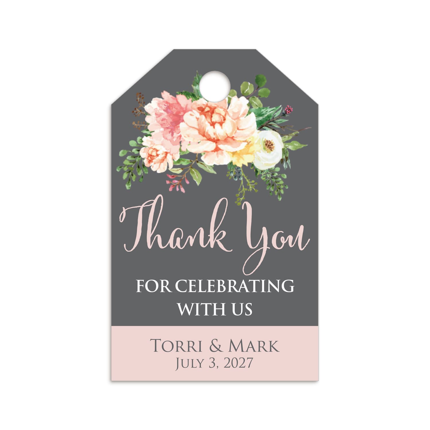 XOXOKristen personalized Charcoal Blush Floral Thank You Tags printed on matte cardstock with watercolor peonies, roses, and greenery on a charcoal background for weddings or showers.