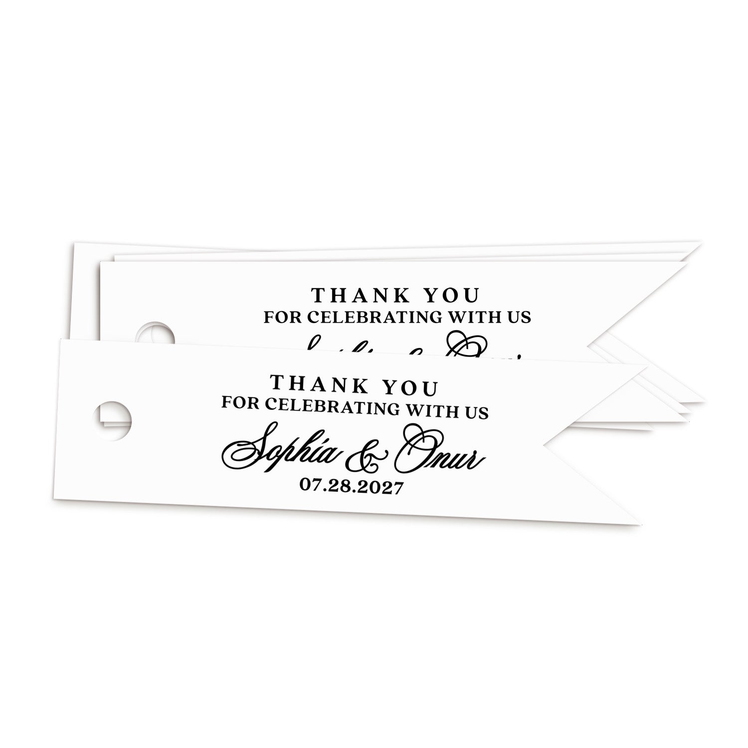 XOXOKristen Elegant Wedding Favor Tags printed on white cardstock with “Thank you for celebrating with us” and flowing calligraphy names, shaped in a refined flag design with a punched hole for ribbons or twine.