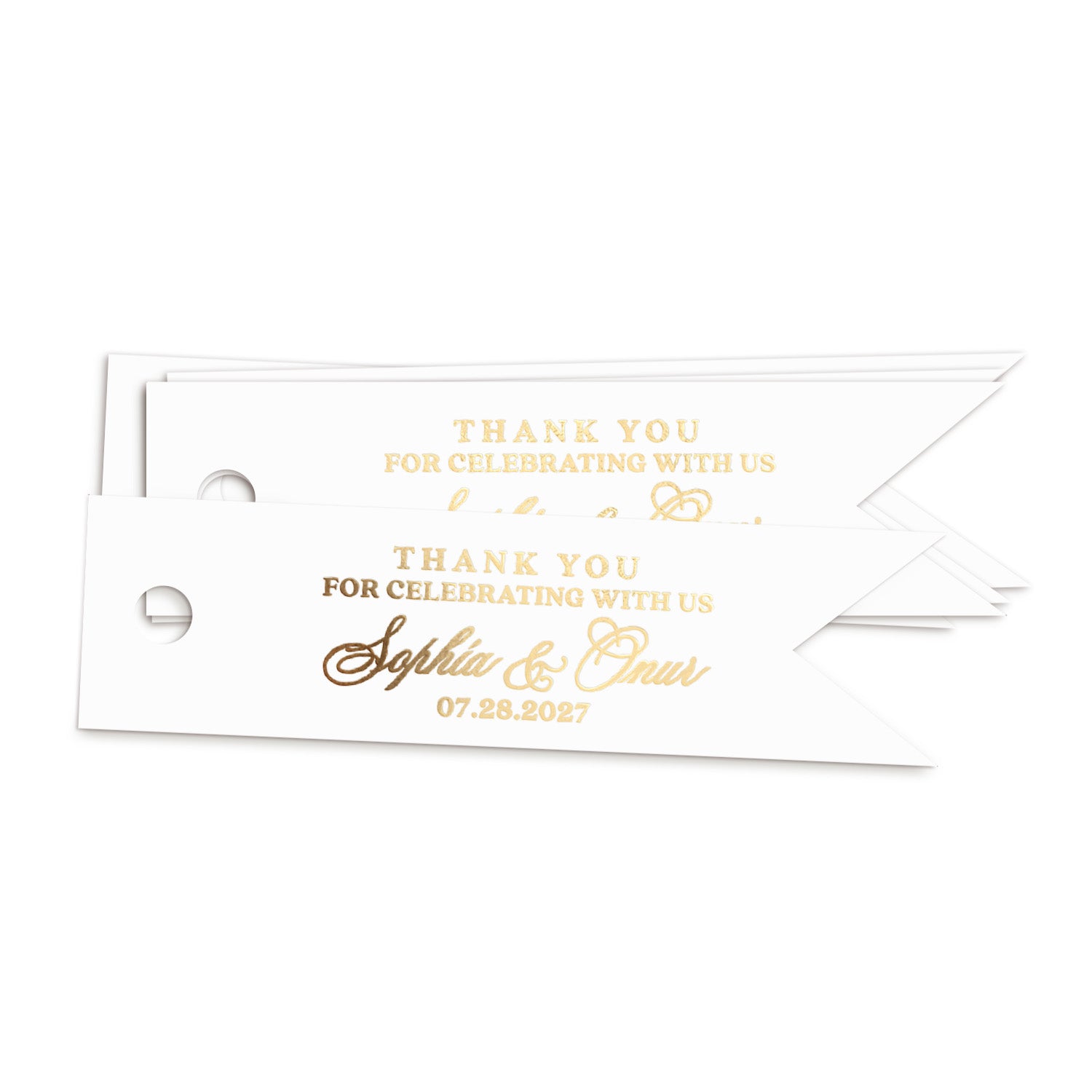 XOXOKristen gold foil Elegant Wedding Favor Tags featuring metallic lettering “Thank you for celebrating with us” and graceful script — ideal for sophisticated wedding favors and elegant receptions.