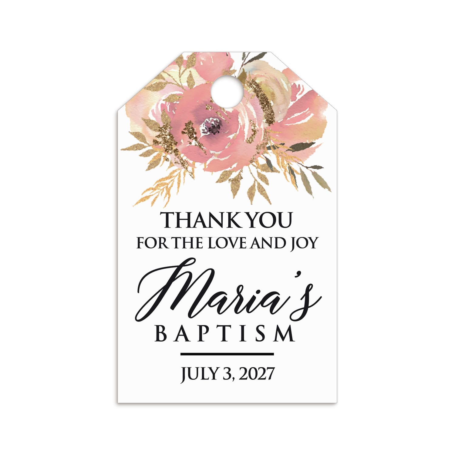 XOXOKristen Blush Floral Baptism Tags attached to a linen favor bag with jute string, showing the “Thank you for the love and joy” printed message and floral watercolor design.