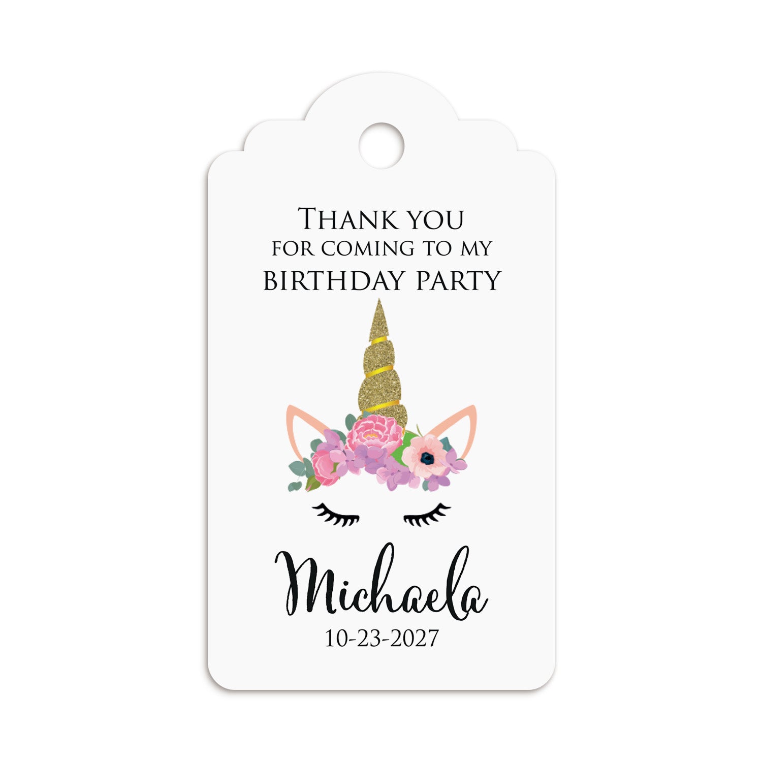 XOXOKristen Unicorn Birthday Thank You Tag with gold glitter horn, pastel floral crown, and cute closed eyes — personalized and custom party favor tag for girls’ birthdays.