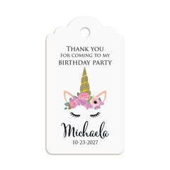 XOXOKristen Unicorn Birthday Thank You Tag with gold glitter horn, pastel floral crown, and cute closed eyes — personalized and custom party favor tag for girls’ birthdays.