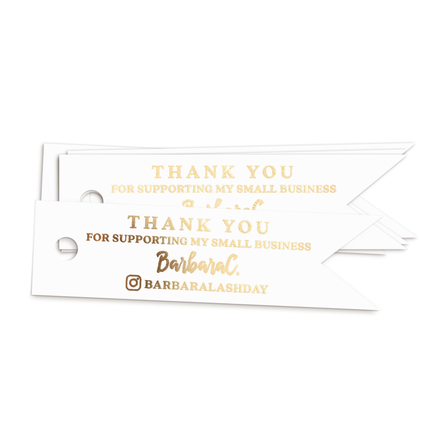 XOXOKristen gold foil Small Business Thank You Tags featuring metallic lettering “Thank you for supporting my small business” and space for logo or handle — elegant white flag tags for packaging or client gifts.