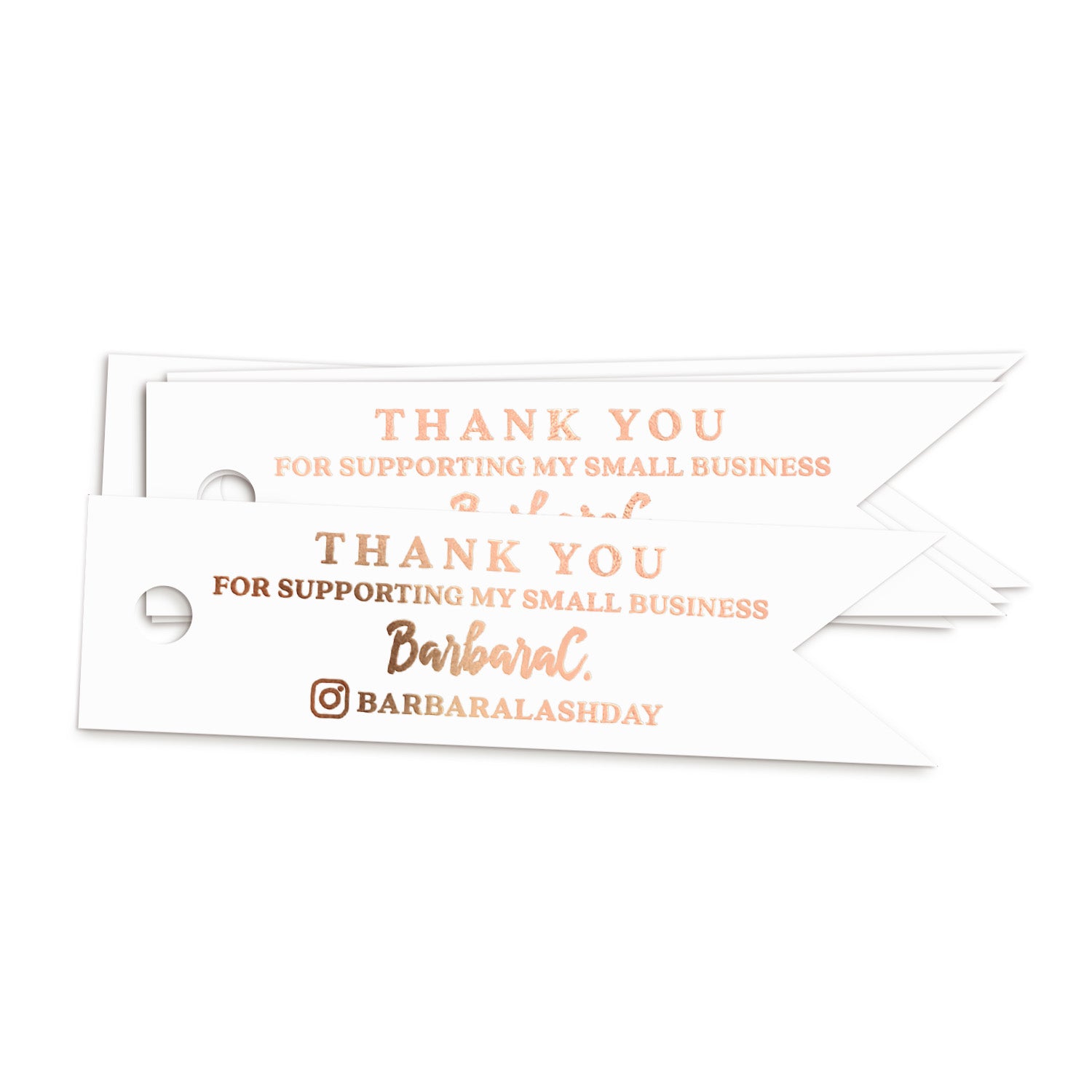 XOXOKristen rose gold Small Business Thank You Tags printed on white cardstock with shimmering foil text and Instagram icon — ideal for personalized business packaging and product branding.