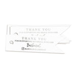 XOXOKristen silver foil Small Business Thank You Tags with clean modern typography and social handle area, printed on white card — perfect for boutique and handmade product branding.