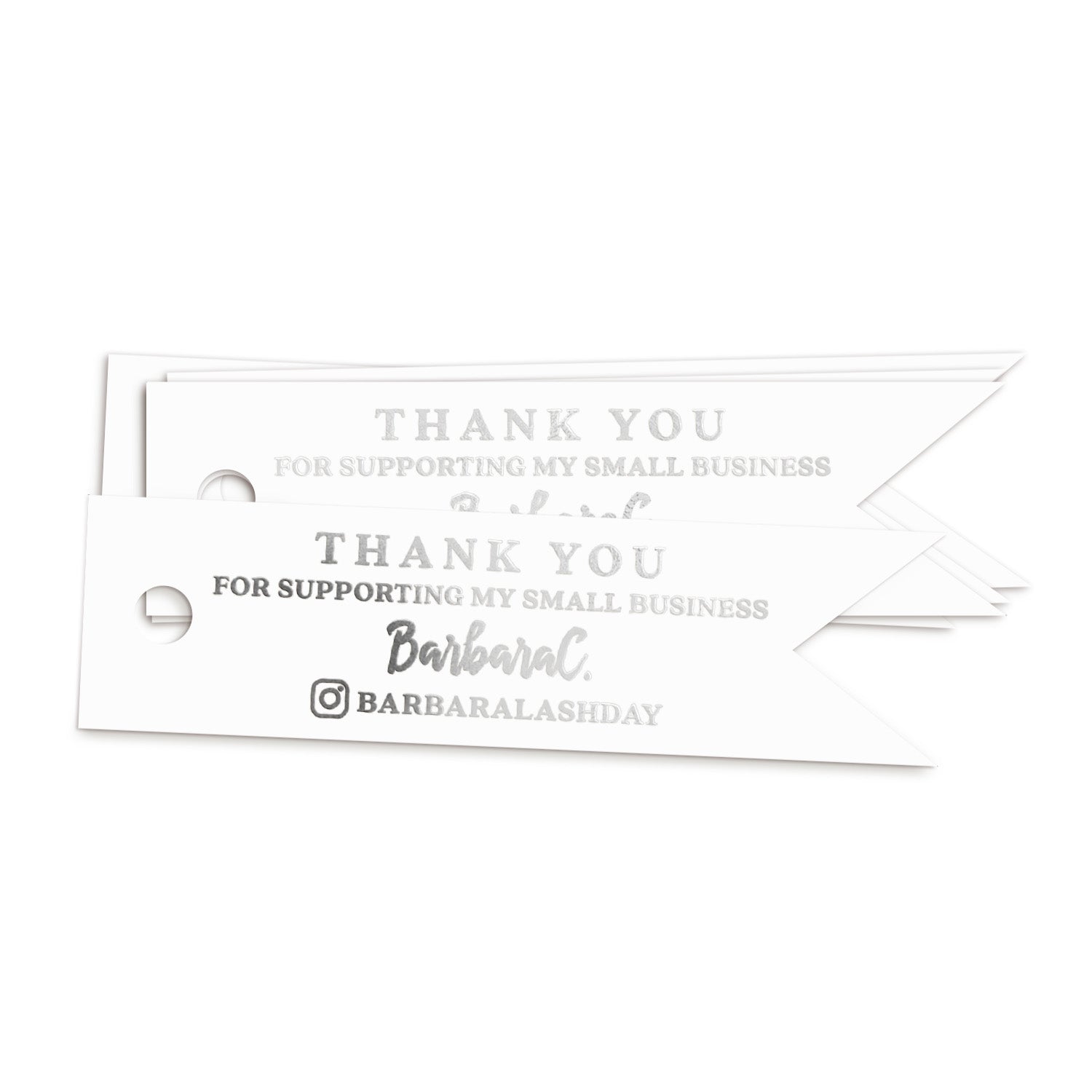XOXOKristen silver foil Small Business Thank You Tags with clean modern typography and social handle area, printed on white card — perfect for boutique and handmade product branding.