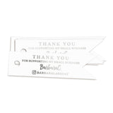 XOXOKristen silver foil Small Business Thank You Tags with clean modern typography and social handle area, printed on white card — perfect for boutique and handmade product branding.