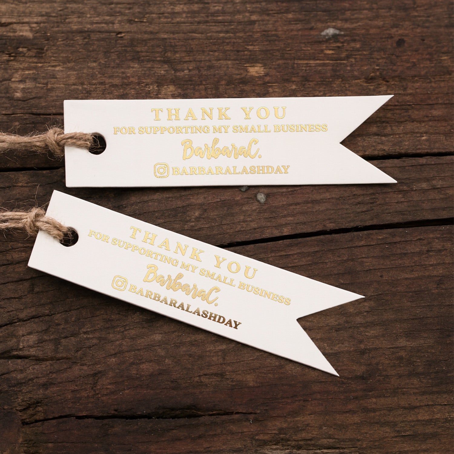 XOXOKristen gold foil Small Business Thank You Tags featuring metallic lettering “Thank you for supporting my small business” and space for logo or handle — elegant white flag tags for packaging or client gifts.