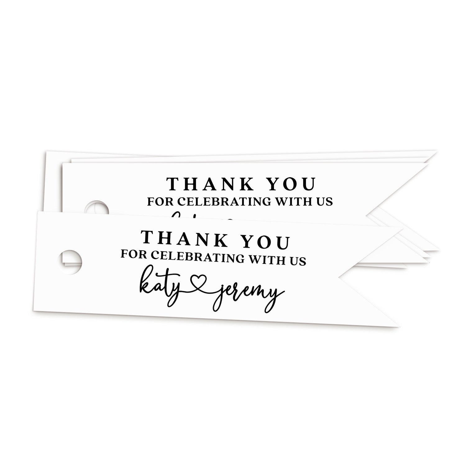 XOXOKristen gold foil Heart Connected Wedding Favor Tags featuring “Thank you for celebrating with us” and connected names with a heart symbol, printed on crisp white card — perfect for elegant wedding favors.