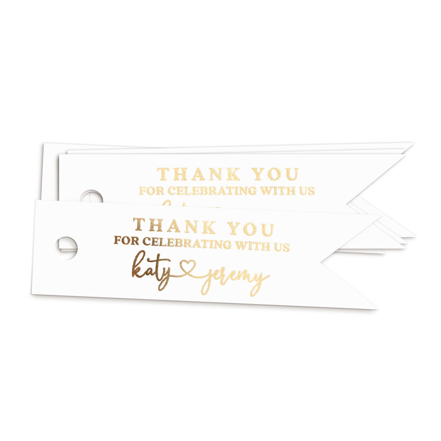 XOXOKristen gold foil Heart Connected Wedding Favor Tags featuring “Thank you for celebrating with us” and connected names with a heart symbol, printed on crisp white card — perfect for elegant wedding favors.
