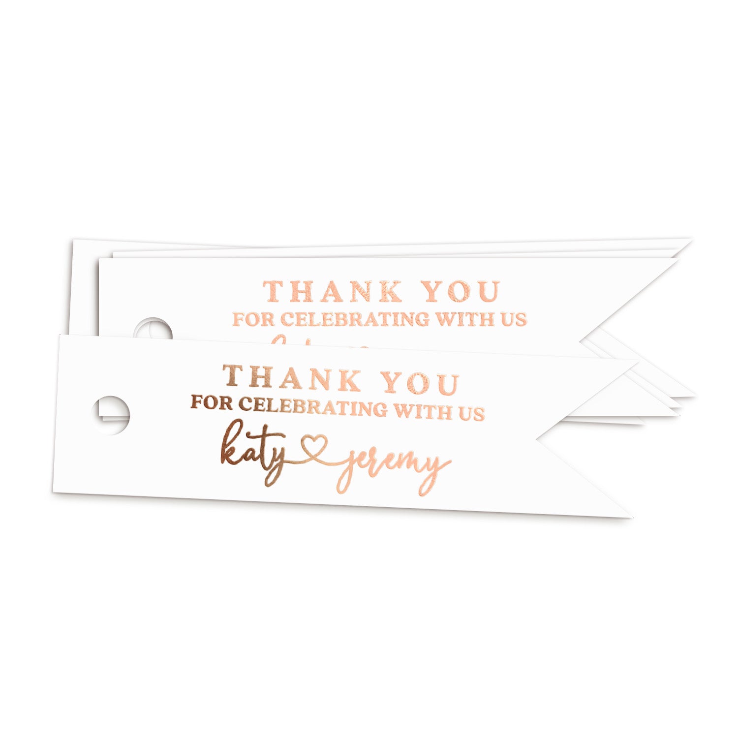 XOXOKristen rose gold Heart Connected Wedding Favor Tags showcasing “Thank you for celebrating with us” in bold text with flowing connected script and a small heart — ideal for personalized wedding favors and gifts.