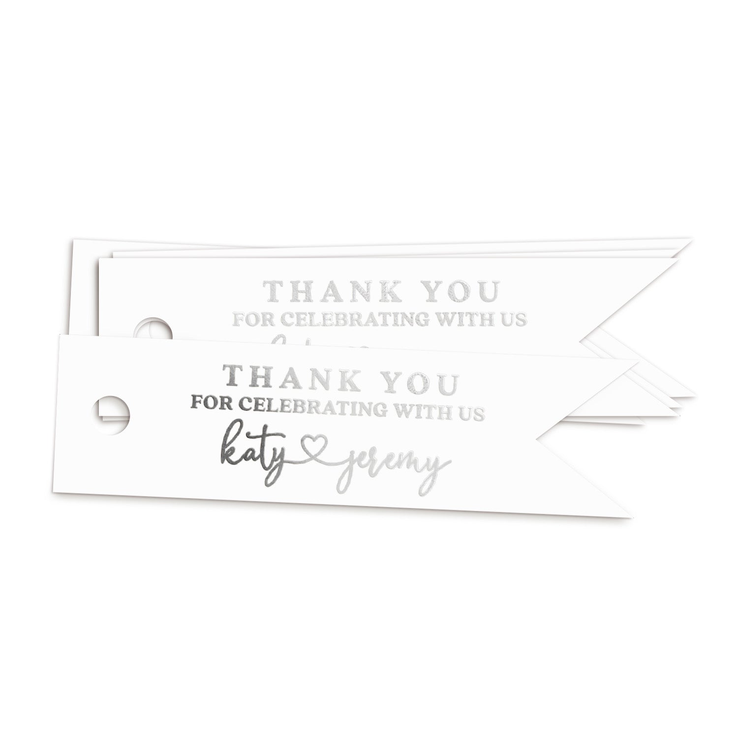 XOXOKristen silver foil Heart Connected Wedding Favor Tags printed on white cardstock with refined lettering and connected heart design — elegant flag-shaped tags for custom weddings.