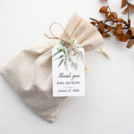 XOXOKristen Eucalyptus Branch Thank You Tags displayed on a white floral background with botanical leaves cascading from the top, showcasing the minimal printed message “Thank you.”