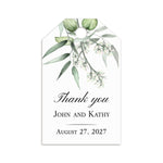 XOXOKristen Eucalyptus Branch Thank You Tags tied to a linen favor bag with jute string, showing soft green watercolor eucalyptus leaves and graceful “Thank you” lettering for weddings or events.