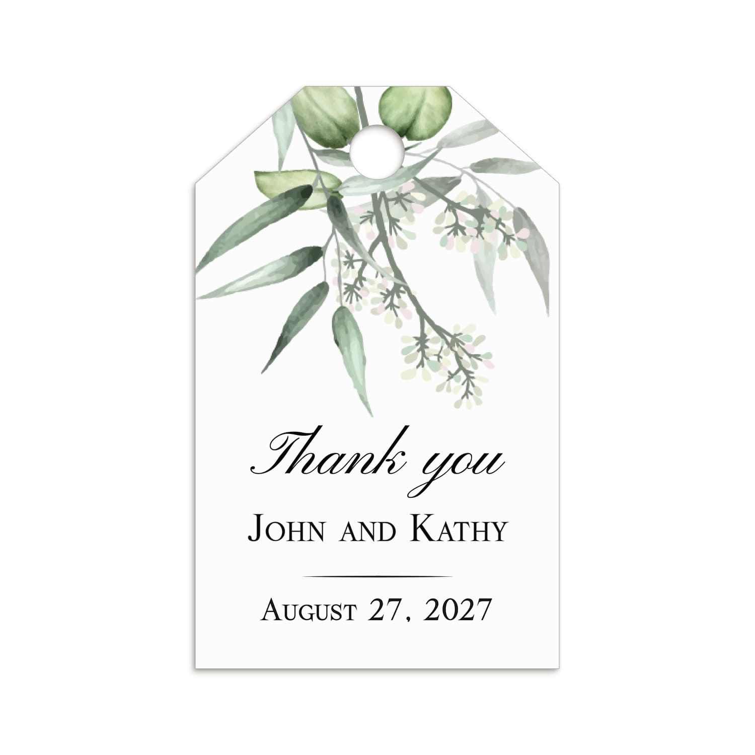 XOXOKristen Eucalyptus Branch Thank You Tags tied to a linen favor bag with jute string, showing soft green watercolor eucalyptus leaves and graceful “Thank you” lettering for weddings or events.