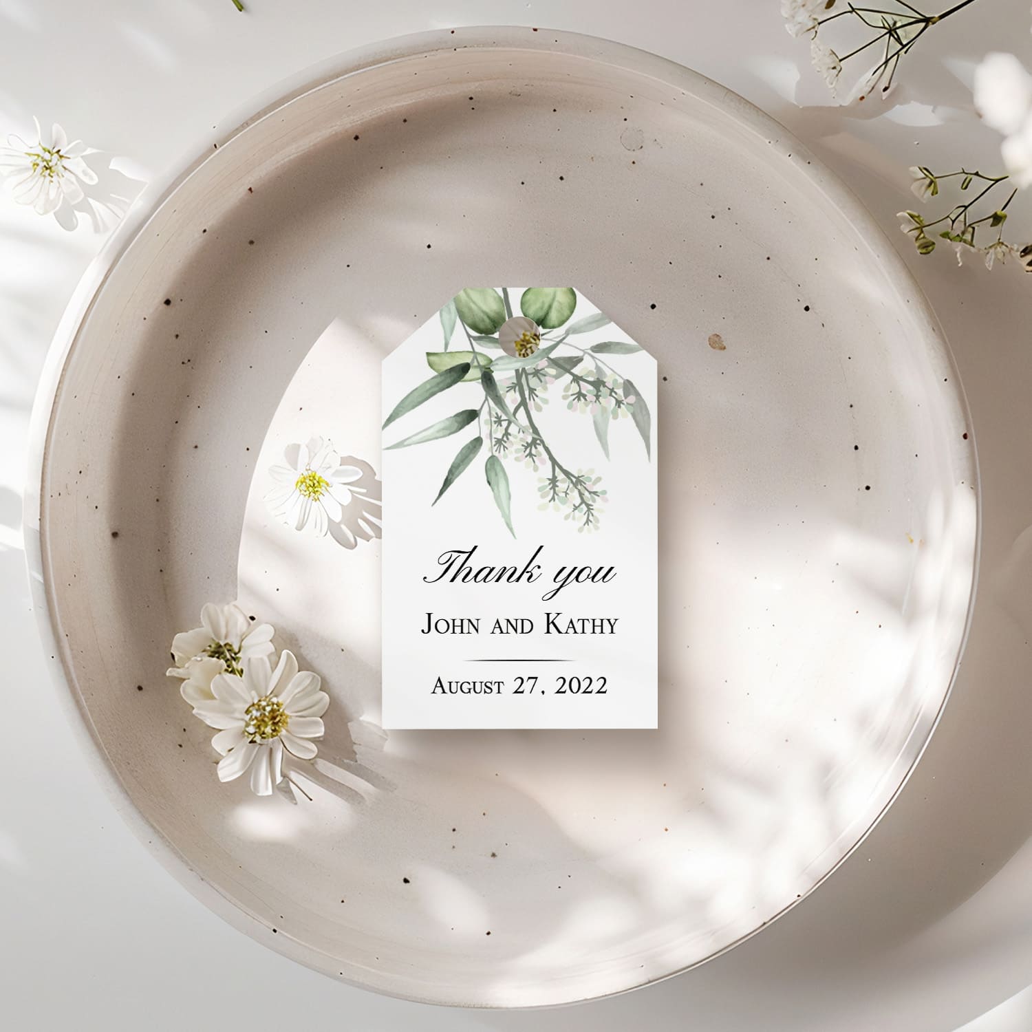 XOXOKristen Eucalyptus Branch Thank You Tags featuring hand-painted eucalyptus leaves and subtle buds with the printed “Thank you” text, ideal for personalized favors or nature-inspired packaging.