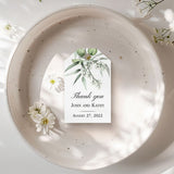 XOXOKristen Eucalyptus Branch Thank You Tags featuring hand-painted eucalyptus leaves and subtle buds with the printed “Thank you” text, ideal for personalized favors or nature-inspired packaging.
