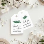 XOXOKristen Green Leaf Thank You Tags featuring a watercolor branch of green leaves above elegant printed text reading “Thank you.” Perfect for personalized wedding favors and natural-themed packaging.