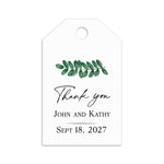 XOXOKristen Green Leaf Thank You Tags tied with natural jute string on a linen favor bag, showing the delicate leaf illustration and the printed message “Thank you” for a rustic botanical presentation.