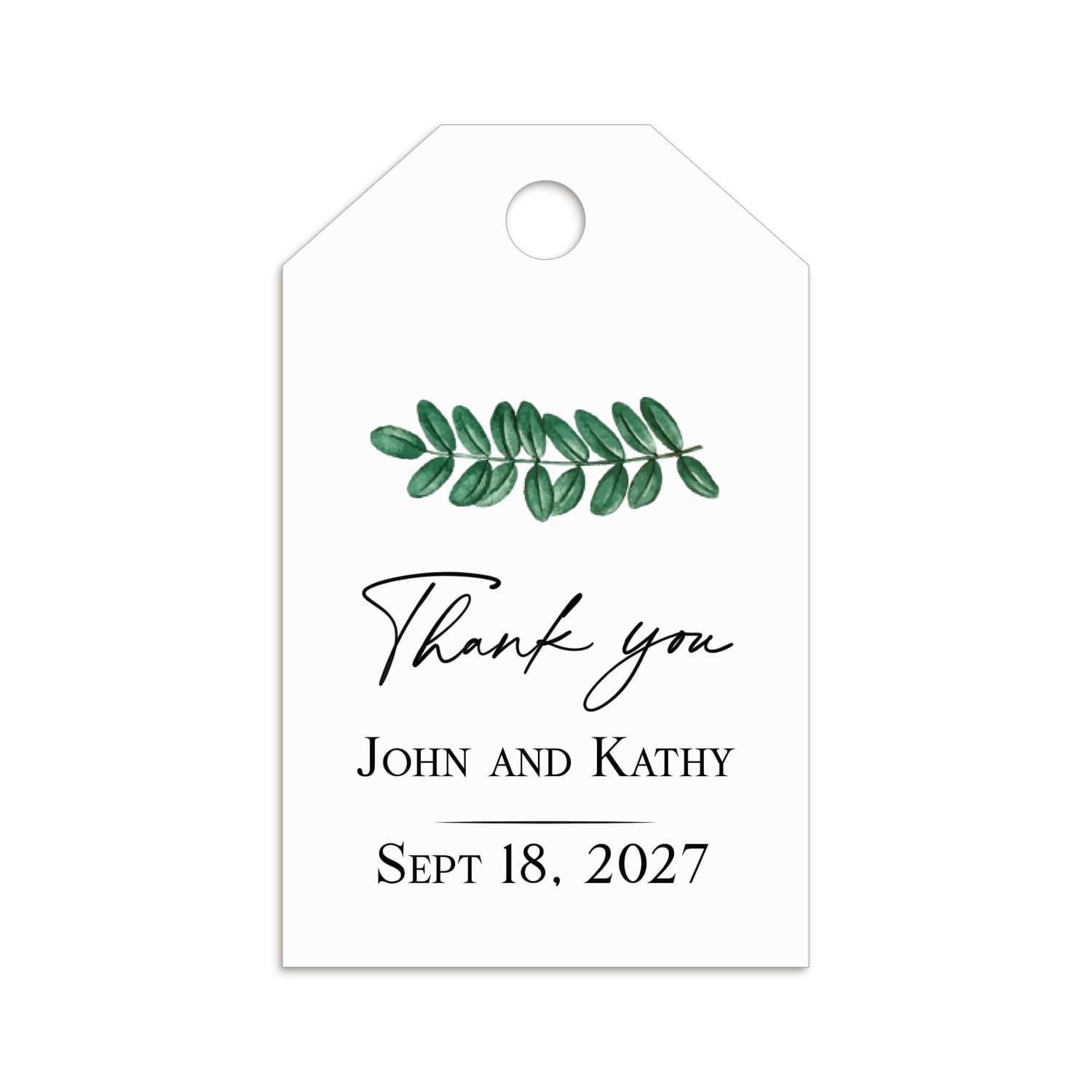 XOXOKristen Green Leaf Thank You Tags tied with natural jute string on a linen favor bag, showing the delicate leaf illustration and the printed message “Thank you” for a rustic botanical presentation.