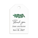 XOXOKristen Green Leaf Thank You Tags tied with natural jute string on a linen favor bag, showing the delicate leaf illustration and the printed message “Thank you” for a rustic botanical presentation.