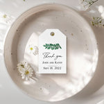 XOXOKristen Green Leaf Thank You Tags printed on matte white cardstock, displaying deep green watercolor leaves with soft texture and the elegant script “Thank you” beneath.
