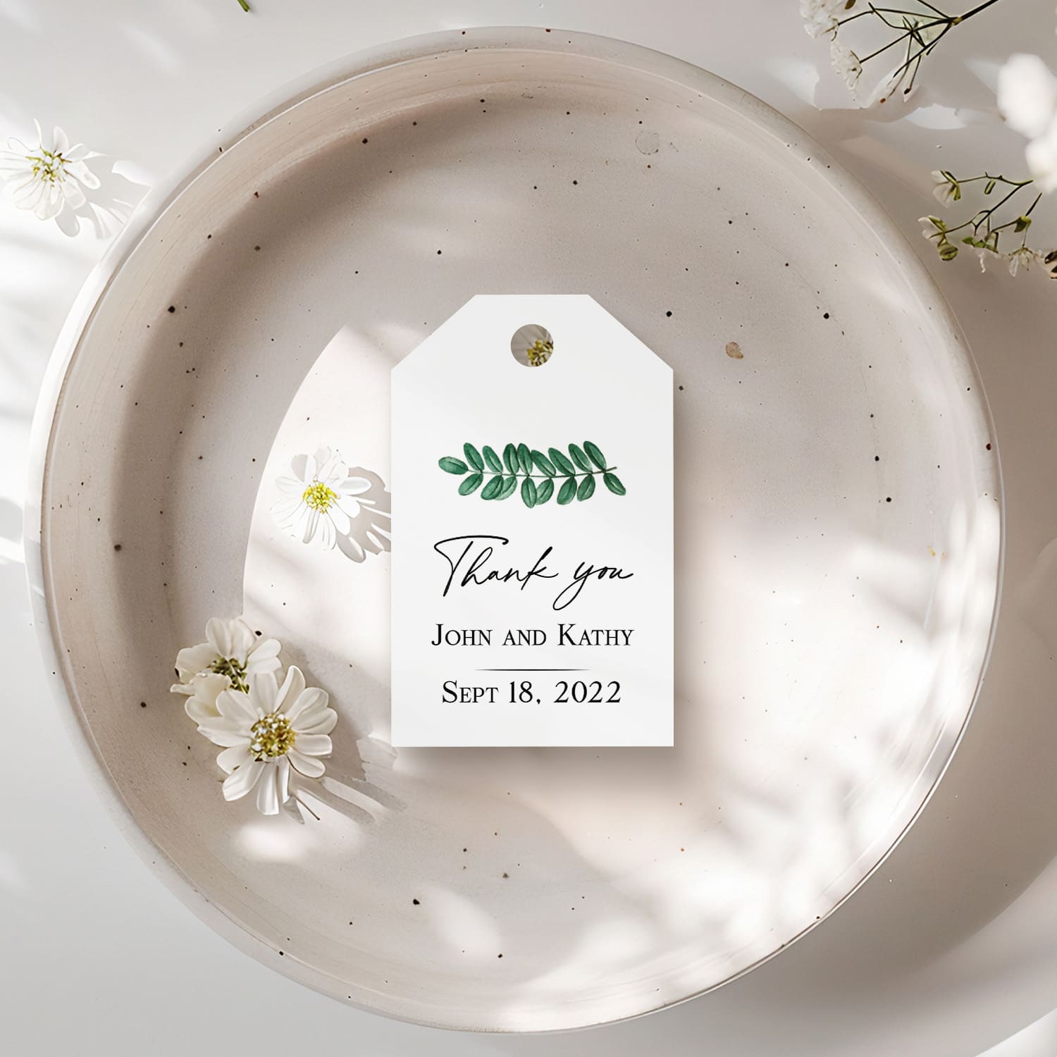 XOXOKristen Green Leaf Thank You Tags printed on matte white cardstock, displaying deep green watercolor leaves with soft texture and the elegant script “Thank you” beneath.