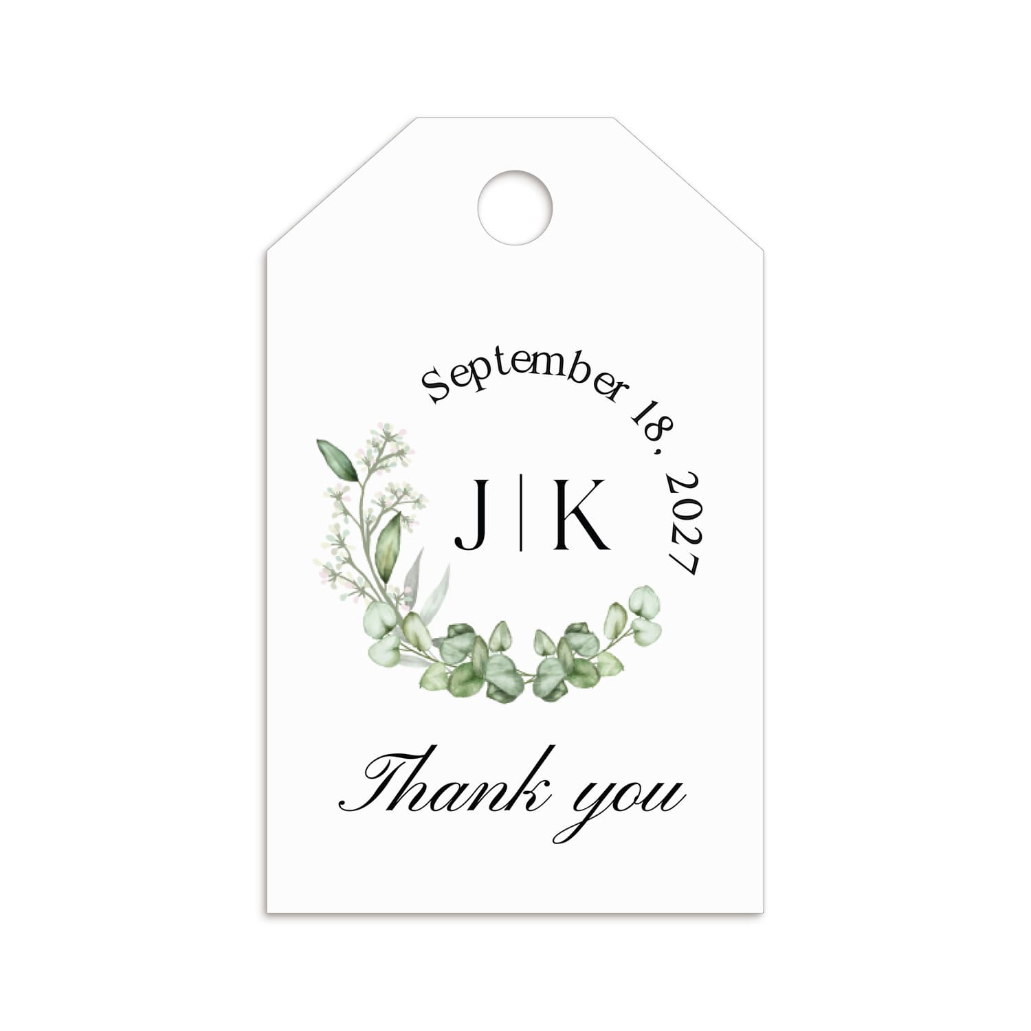 XOXOKristen Eucalyptus Thank You Tags printed on smooth matte white cardstock, featuring watercolor eucalyptus details in subtle shades of sage, mint, and olive for a calm, refined finish.