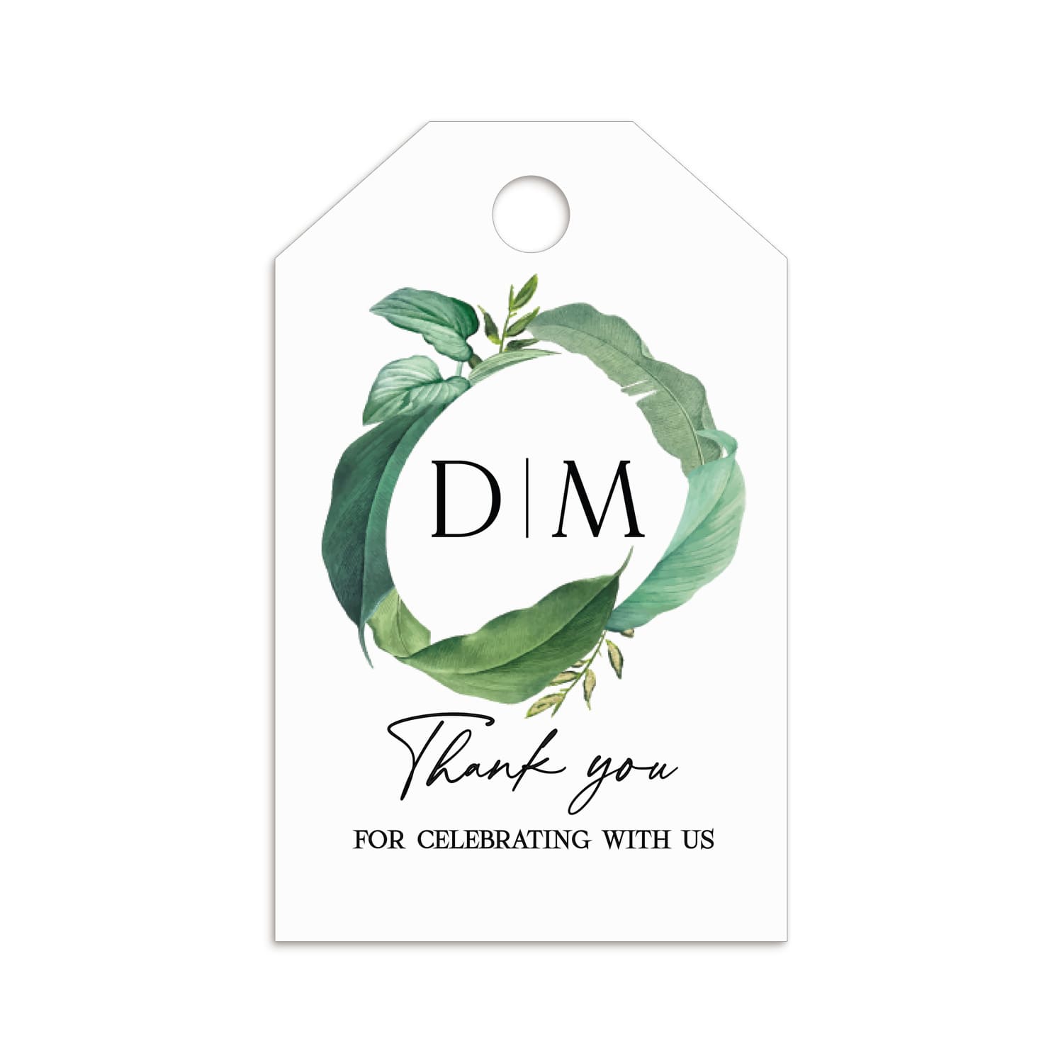 XOXOKristen Monogram Favor Tags tied with rustic twine onto a linen favor pouch, featuring elegant serif initials framed by leafy watercolor branches and the printed message “Thank you for celebrating with us.” Ideal for weddings or garden receptions.