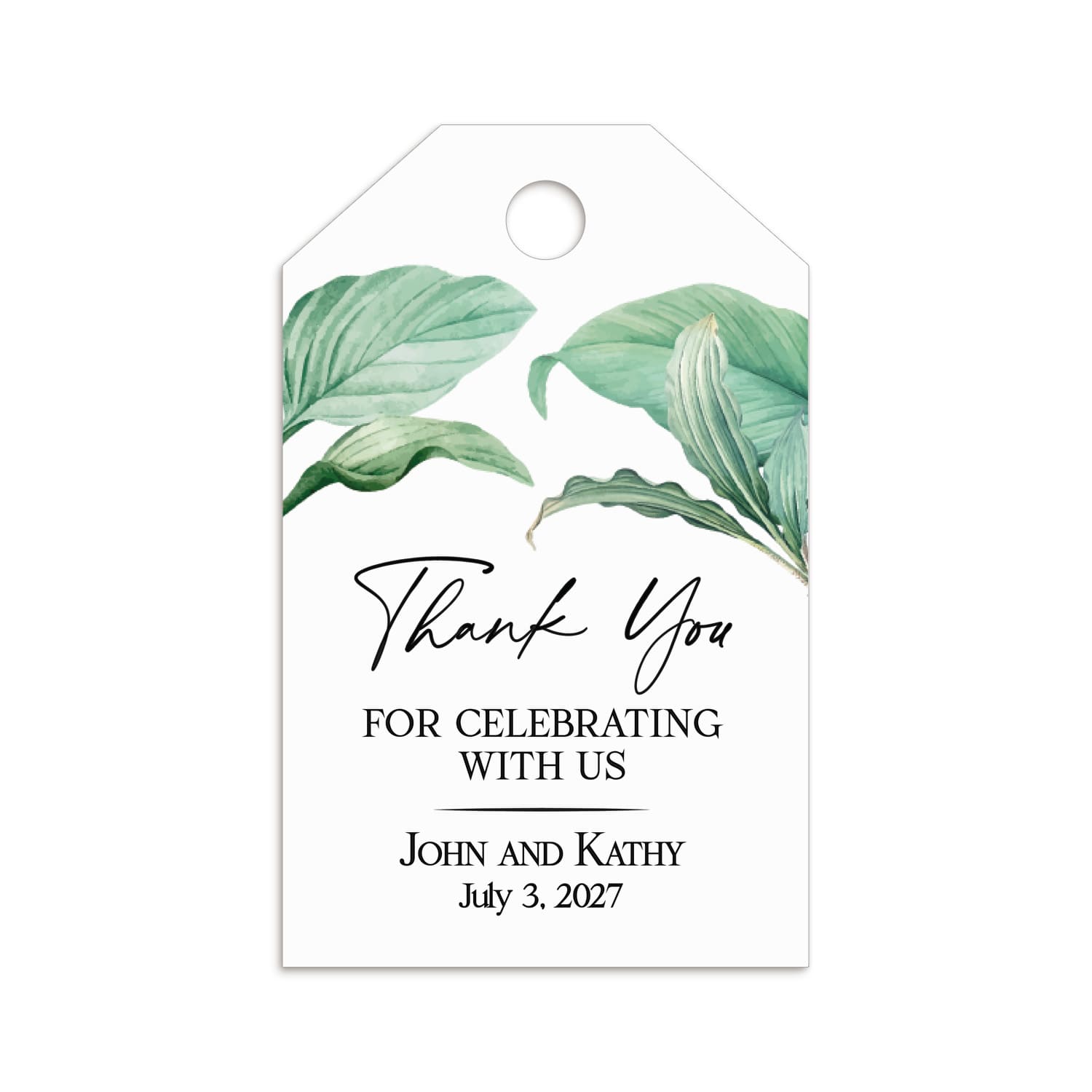 XOXOKristen Greenery Favor Tags tied to a beige linen pouch with twine, featuring delicate painted leaves in soft green hues and the printed thank-you text below. Ideal for rustic, boho, or garden-style weddings.