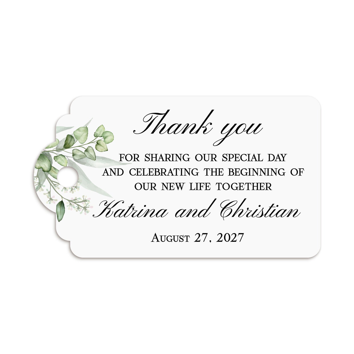 XOXOKristen Greenery Wedding Thank You Tag with elegant botanical leaves and black calligraphy text — personalized and custom wedding favor tag.
