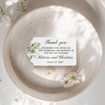 XOXOKristen Greenery Wedding Thank You Tag placed on soft beige fabric — minimalist botanical design, personalized and custom tag for weddings.
