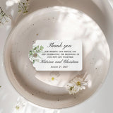 XOXOKristen Greenery Wedding Thank You Tag placed on soft beige fabric — minimalist botanical design, personalized and custom tag for weddings.