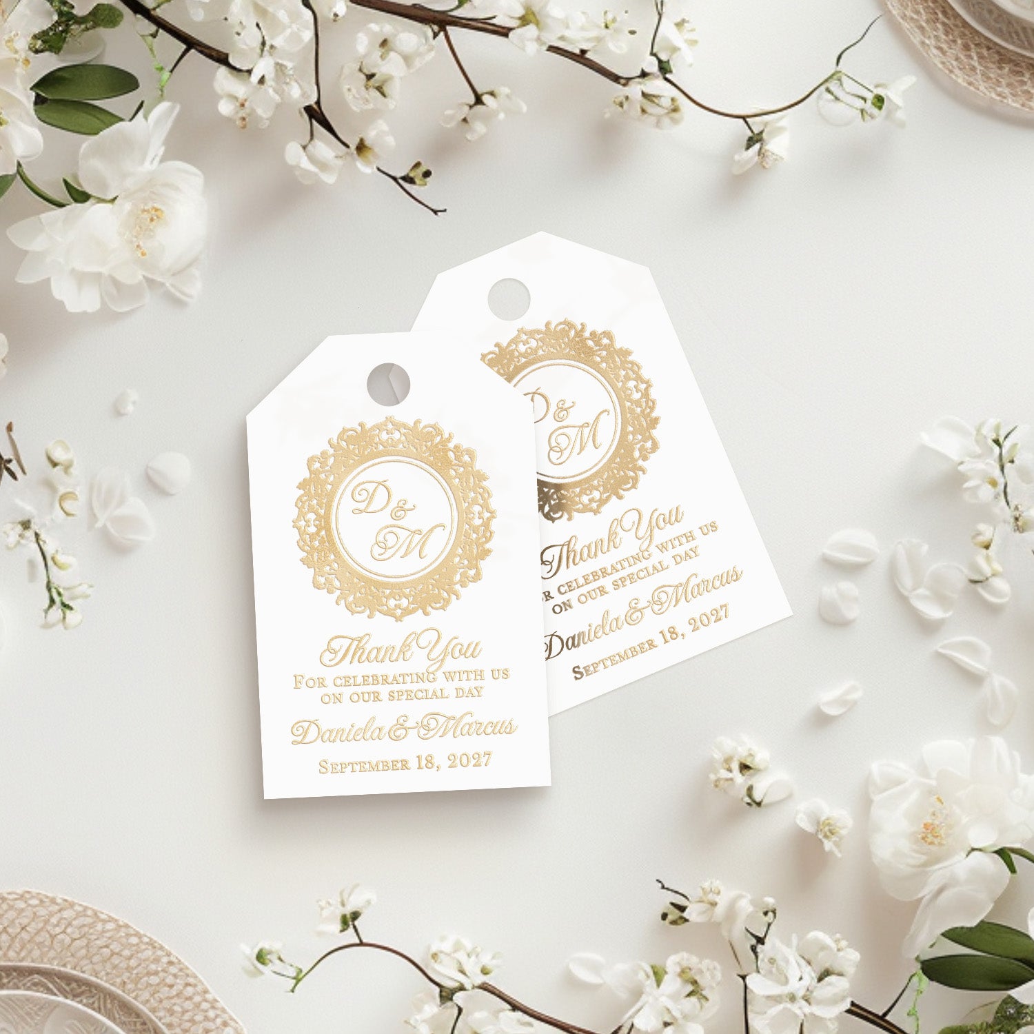 XOXOKristen Monogram Thank You Tags in gold foil featuring ornate circular frame and calligraphy typography — personalized custom wedding favor tags.