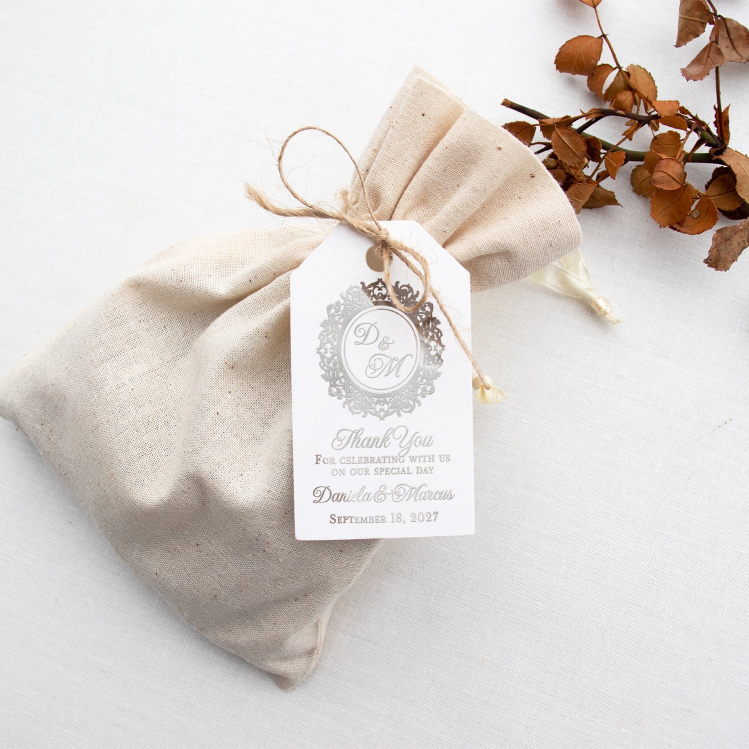 XOXOKristen Monogram Thank You Tags in silver foil with classic monogram design and graceful “Thank You” message — perfect personalized and custom favor tags.