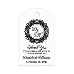 XOXOKristen Monogram Thank You Tags with elegant black baroque frame and scripted “Thank You” text — personalized and custom favor tags for weddings.