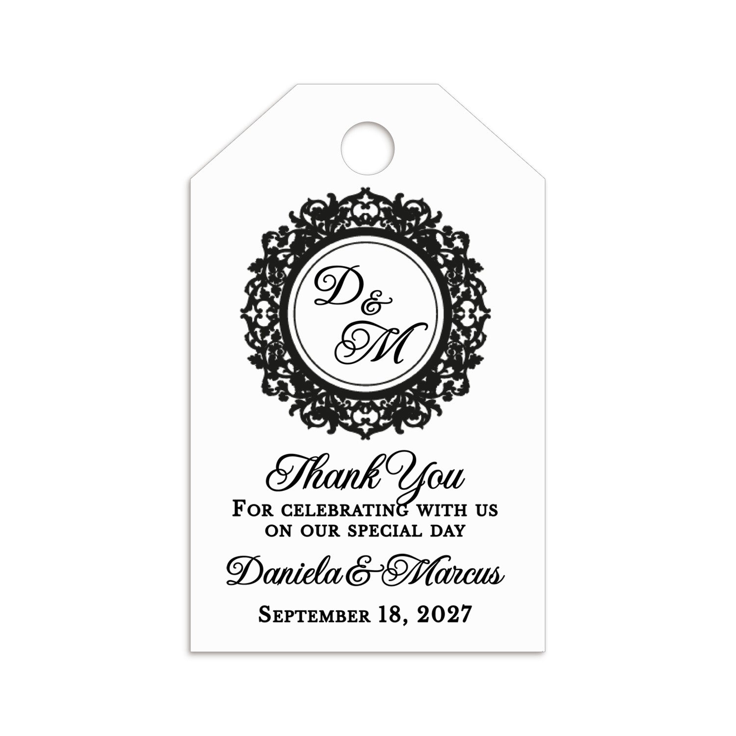 XOXOKristen Monogram Thank You Tags with elegant black baroque frame and scripted “Thank You” text — personalized and custom favor tags for weddings.