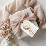 XOXOKristen Monogram Thank You Tags in gold foil featuring ornate circular frame and calligraphy typography — personalized custom wedding favor tags.