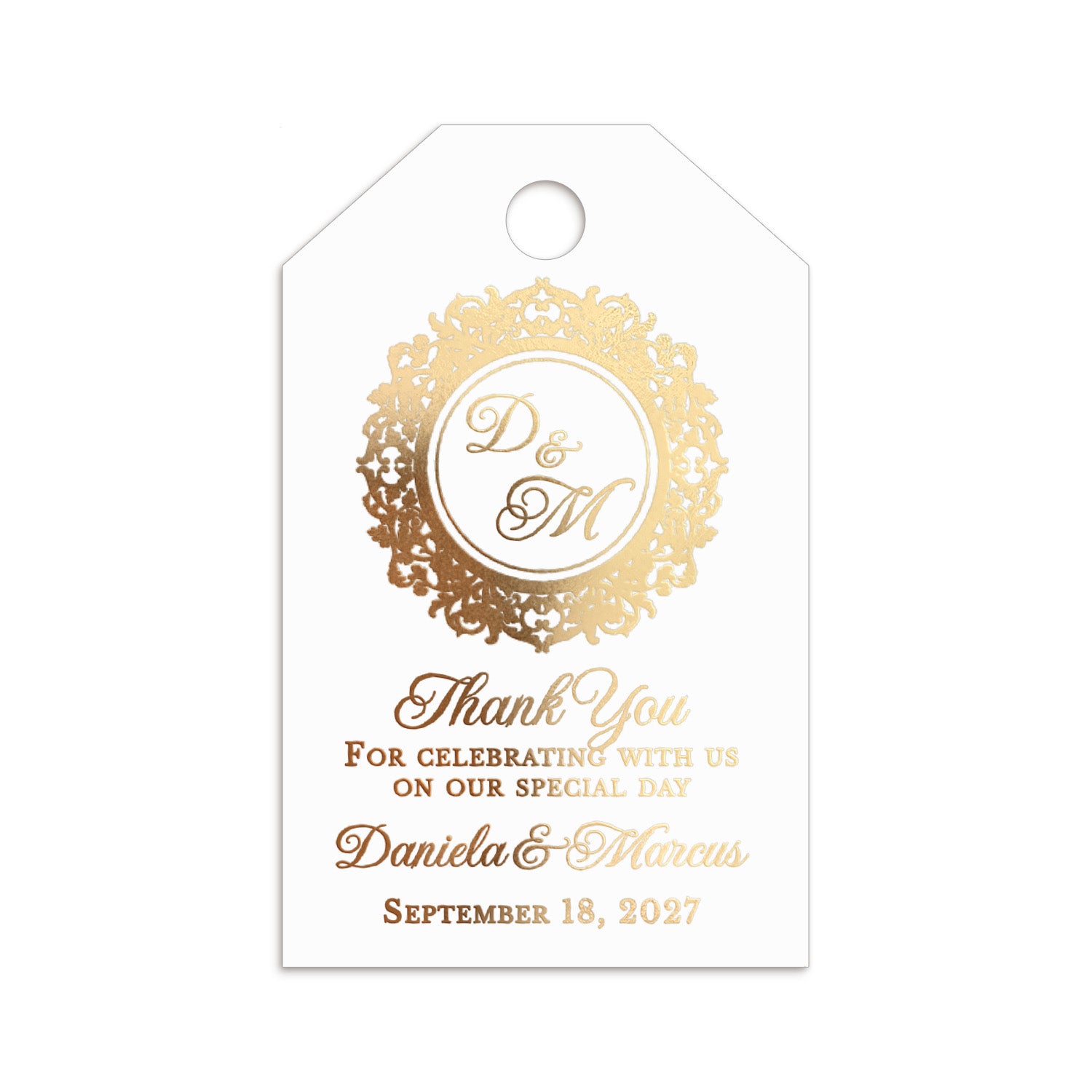 XOXOKristen Monogram Thank You Tags in gold foil featuring ornate circular frame and calligraphy typography — personalized custom wedding favor tags.