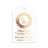 XOXOKristen Monogram Thank You Tags in gold foil featuring ornate circular frame and calligraphy typography — personalized custom wedding favor tags.