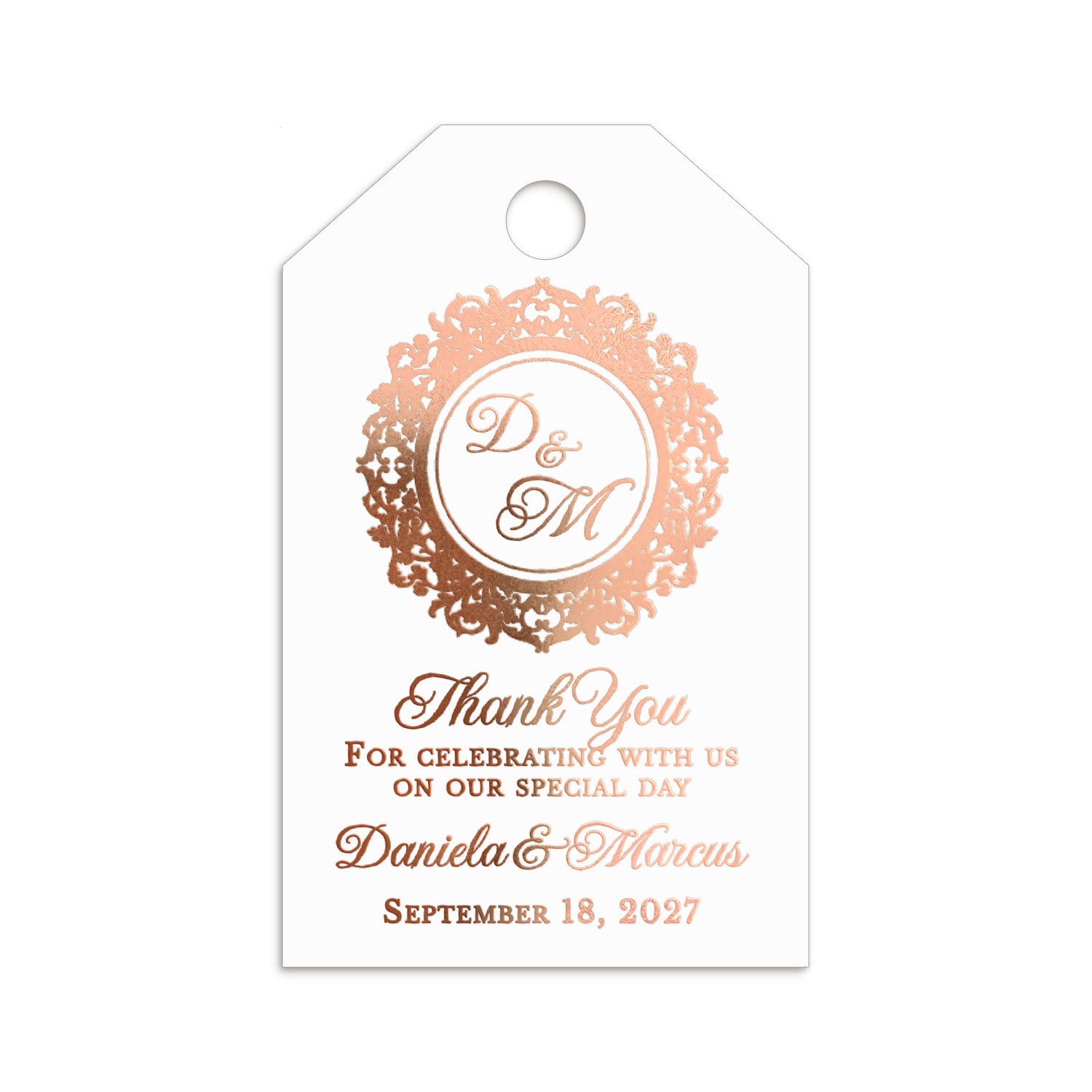 XOXOKristen Monogram Thank You Tags printed in rose gold foil with intricate baroque monogram and elegant text — personalized and custom wedding tags.