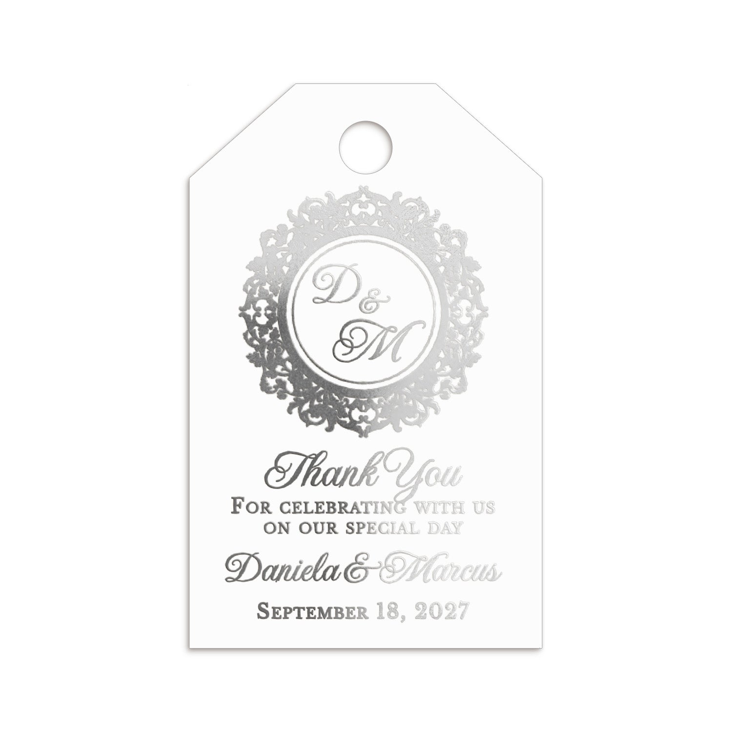 XOXOKristen Monogram Thank You Tags in silver foil with classic monogram design and graceful “Thank You” message — perfect personalized and custom favor tags.