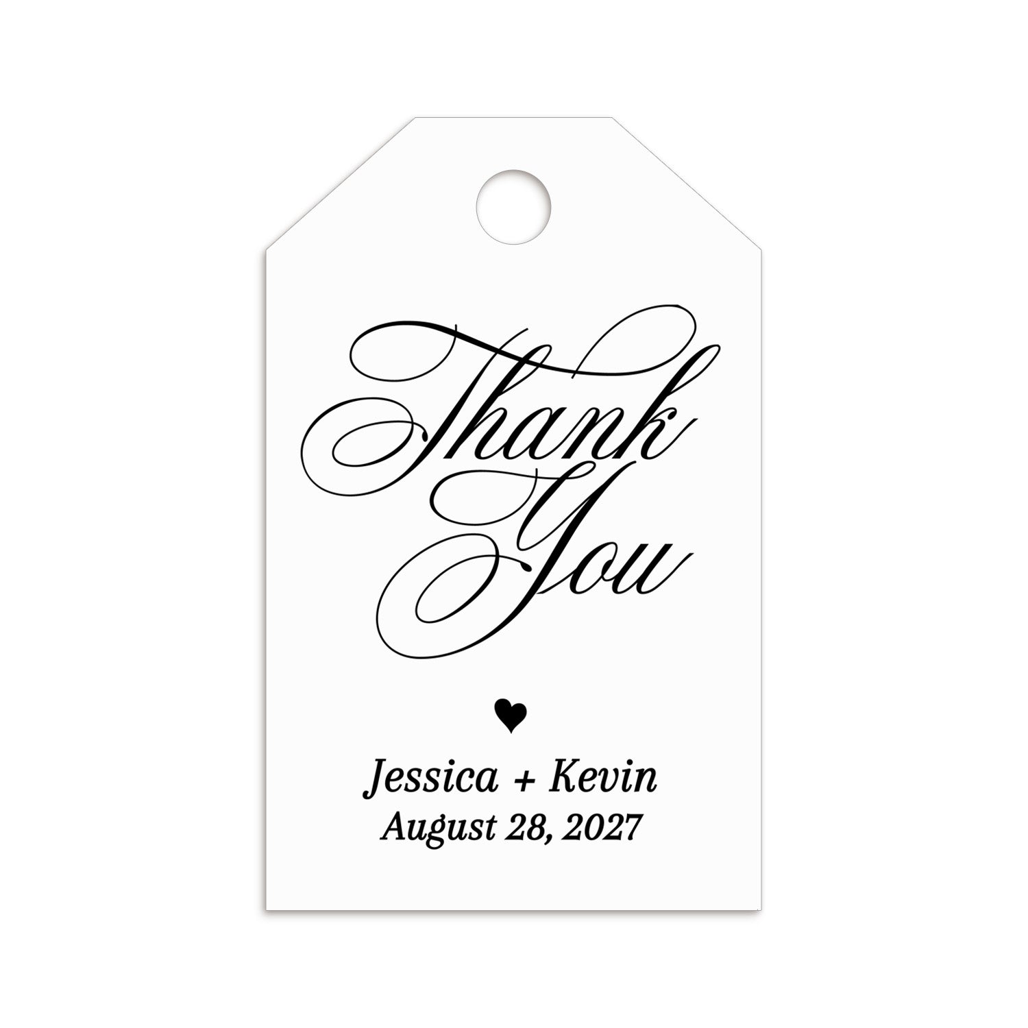 XOXOKristen Thank You Favor Tags with elegant black script “Thank You” text and small heart — personalized and custom tags for weddings and events.