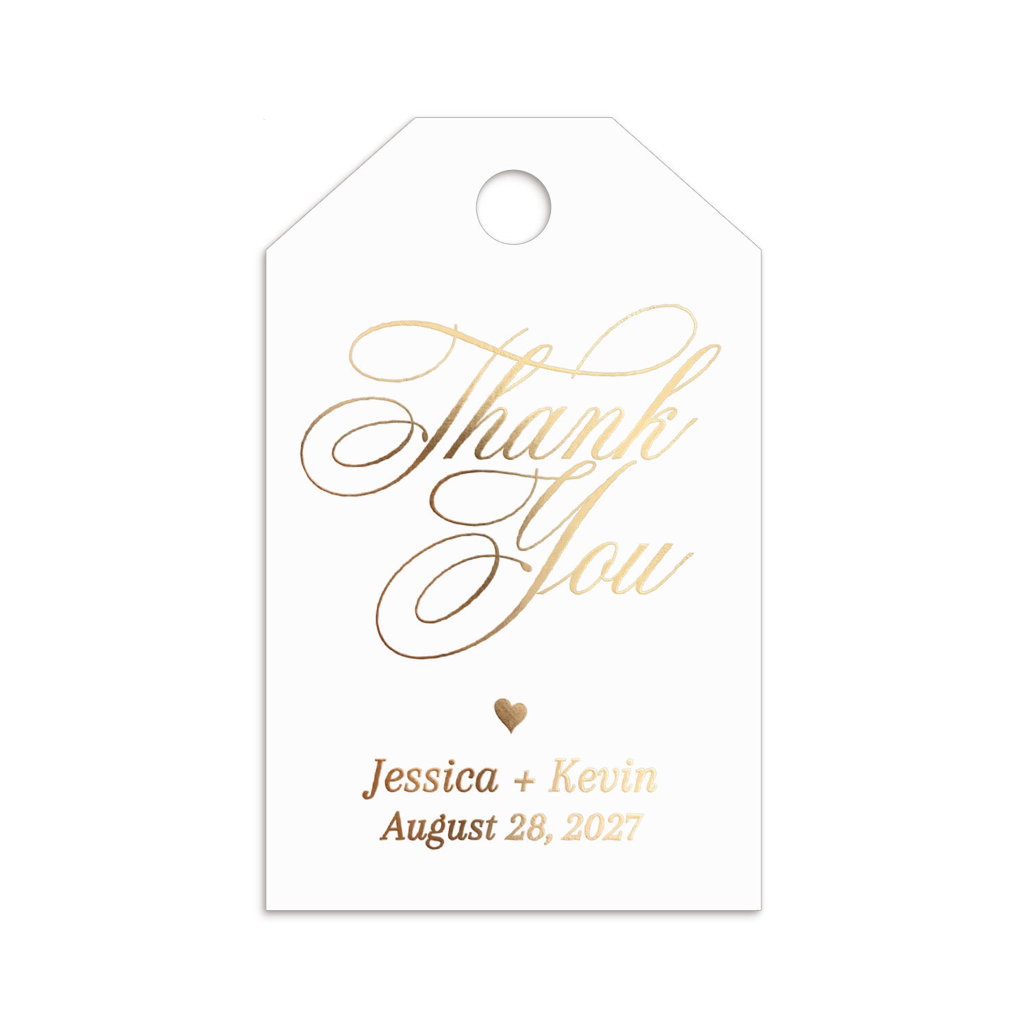 XOXOKristen Thank You Favor Tags printed in metallic gold foil with graceful calligraphy and heart icon — custom and personalized favor tags for elegant celebrations.