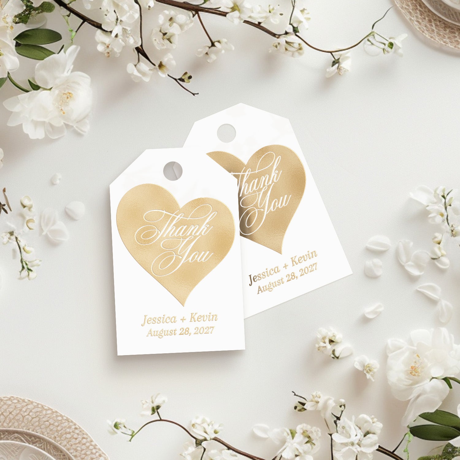XOXOKristen Heart Thank You Tags printed in metallic gold foil with heart design and cursive “Thank You” text — custom favor tags for elegant celebrations.