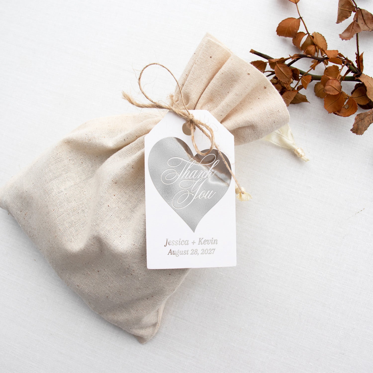 XOXOKristen Heart Thank You Tags in silver foil with refined typography — personalized and custom favor tags for modern wedding gifts.