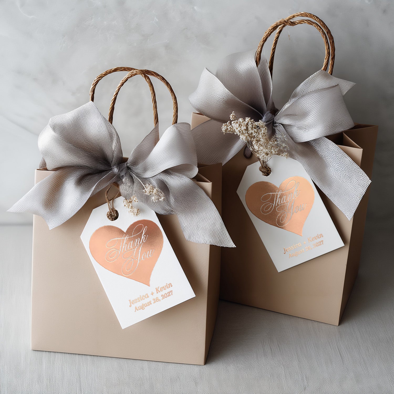 XOXOKristen Heart Thank You Tags in rose gold foil featuring script lettering and white background — personalized custom wedding favor tags.