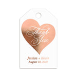 XOXOKristen Heart Thank You Tags in rose gold foil featuring script lettering and white background — personalized custom wedding favor tags.
