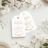 XOXOKristen Foliage Thank You Tags printed in shiny gold foil with heart and botanical leaf detail — personalized and custom foil tags for elegant weddings.