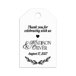XOXOKristen Foliage Thank You Tags with black calligraphy text and laurel leaf design — personalized and custom wedding favor tags.
